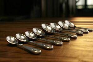 AI generated A row of stainless steel measuring spoons each photo