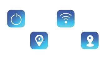 A set of blue vector icons of modern trend in the style with gradient, blur and transparency. The collection includes 4 icons in a single style of turn off sign, wifi, travel and location,