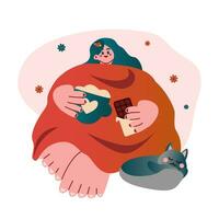 Cute woman with coffee and chocolate in a warm blanket. The concept of a cozy mood. vector. vector