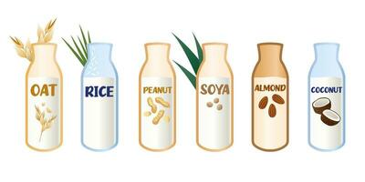 A set of vegetable milk. Oatmeal, rice, peanut, soy, almond and coconut milk. Objects on a white background. vector. Vegan products. vector