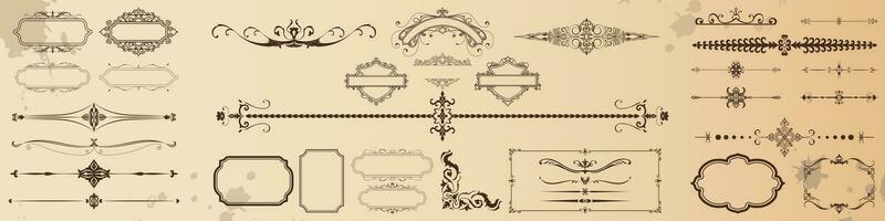 Set of vintage frames with vintage lines and corners on an old background, vector illustration.