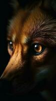 AI generated Closeup fox eye, portrait of animal on dark background. Ai generated photo