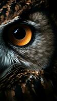 AI generated Closeup owl eye, portrait of animal on dark background. Ai generated photo