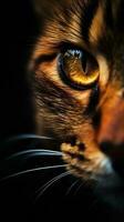 AI generated Closeup cat eye, portrait of animal on dark background. Ai generated photo