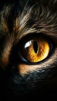 AI generated Closeup cat eye, portrait of animal on dark background. Ai generated photo