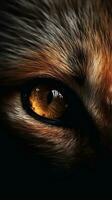 AI generated Closeup fox eye, portrait of animal on dark background. Ai generated photo