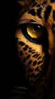 AI generated Closeup leopard eye, portrait of animal on dark background. Ai generated photo