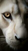 AI generated Closeup white lion eye, portrait of animal on dark background. Ai generated photo