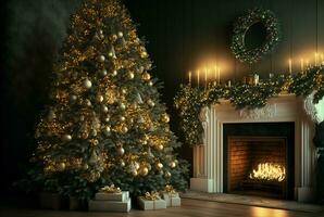 AI generated Christmas tree in a room with fireplace, gifts, candles, garlands. Decorated New Year interior. Festive atmosphere. photo