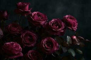 AI generated Pink roses dark moody romantic background. Close-up flowers card backdrop. Ai generated photo