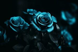 AI generated Blue roses dark moody romantic background. Ai generated photo