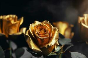 AI generated Golden roses  close-up dark romantic background. Ai generated photo