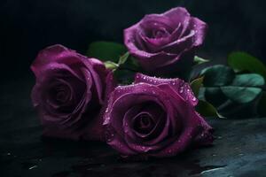 ai generado púrpura rosas de cerca oscuro romántico antecedentes. flores fondo de pantalla. ai generado foto
