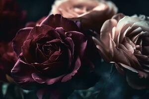 AI generated Burgundy color roses dark moody romantic background. Close-up flowers card backdrop. Ai generated photo