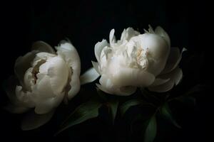 ai generado blanco peonía oscuro temperamental romántico antecedentes. de cerca floral bandera. ai generado foto