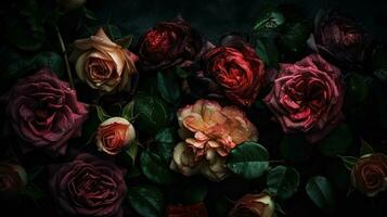 AI generated Red and pink roses dark moody romantic background. Close-up flowers card backdrop. Ai generated photo