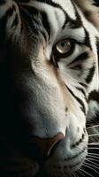 ai generado de cerca blanco Tigre ojo, retrato de animal en oscuro antecedentes. ai generado foto