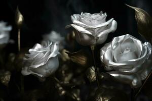 AI generated Silver roses dark moody romantic background. Ai generated photo