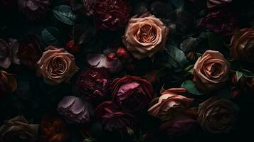 AI generated Red and pink roses close-up dark romantic background. Ai generated photo