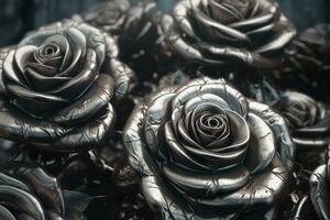 AI generated Silver roses dark moody romantic background. Close-up flowers card backdrop. Ai generated photo