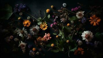 AI generated Wildflowers close-up dark romantic background. Flowers wallpaper. Ai generated photo