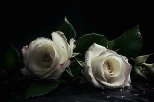 AI generated White roses dark moody romantic background. Close-up floral banner. Ai generated photo