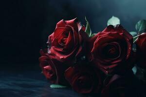 AI generated Red roses dark moody romantic background. Close-up floral banner. Ai generated photo