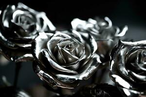 AI generated Silver roses dark moody romantic background. Close-up flowers card backdrop. Ai generated photo