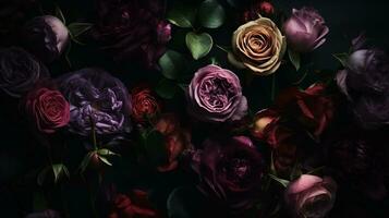 AI generated Red and pink roses close-up dark romantic background. Ai generated photo