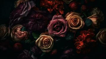 AI generated Red and pink roses dark moody romantic background. Close-up flowers card backdrop. Ai generated photo