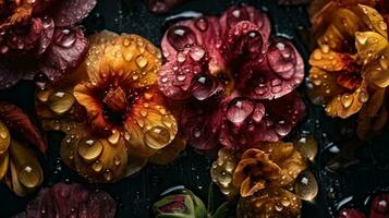 ai generado flores con gotas de agua de cerca oscuro romántico antecedentes. flores silvestres fondo de pantalla. ai generado foto