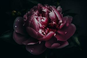 AI generated Peony dark moody romantic background. Close-up floral card backdrop. Ai generated photo