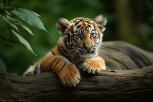 ai generado Tigre cachorro en naturaleza en verano bosque antecedentes. de cerca animal retrato. ai generado foto