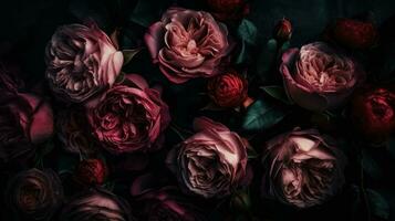 AI generated Red and pink roses close-up dark romantic background. Ai generated photo