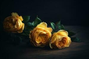 AI generated Yellow roses dark moody romantic background. Close-up flowers card backdrop. Ai generated photo