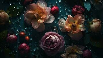 ai generado flores con gotas de agua de cerca oscuro romántico antecedentes. ai generado foto