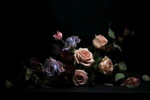 AI generated Roses dark moody romantic background. Close-up floral card backdrop. Ai generated photo