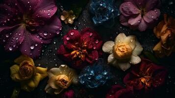 ai generado hermosa flores con gotas de agua oscuro temperamental romántico antecedentes. ai generado foto