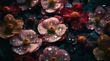 ai generado flores con gotas de agua oscuro temperamental romántico antecedentes. ai generado foto