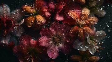 ai generado flores con gotas de agua de cerca oscuro romántico antecedentes. ai generado foto