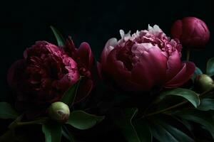 AI generated Peonies dark moody romantic background. Close-up floral card backdrop. Ai generated photo