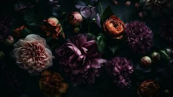 AI generated Flowers with drops of water dark moody romantic background. Close-up floral backdrop. Ai generated photo