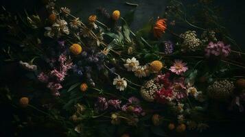 AI generated Wildflowers dark moody romantic background. Close-up floral banner. Ai generated photo