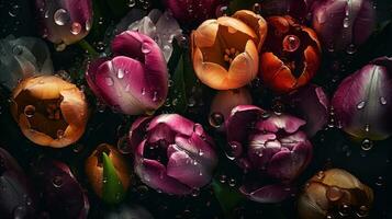 AI generated Tulips with drops of water moody romantic background. Ai generated photo