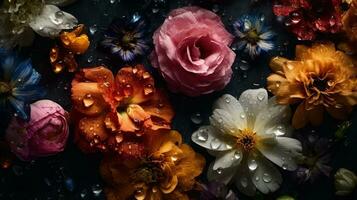 ai generado hermosa flores con gotas de agua oscuro temperamental romántico antecedentes. ai generado foto