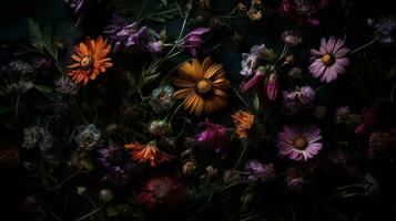 AI generated Wildflowers dark moody romantic background. Close-up floral banner. Ai generated photo