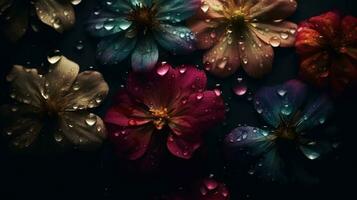 AI generated Beautiful flowers with drops of water moody romantic background, floral banner. Ai generated photo