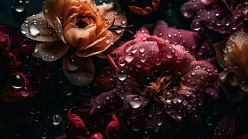 AI generated Flowers with drops of water moody romantic background. Ai generated photo