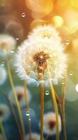 ai generado de cerca diente de león flores con gotas de agua antecedentes. floral fondo de pantalla. ai generado foto