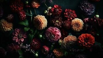 AI generated Flowers with drops of water moody romantic background. Close-up floral banner. Ai generated photo